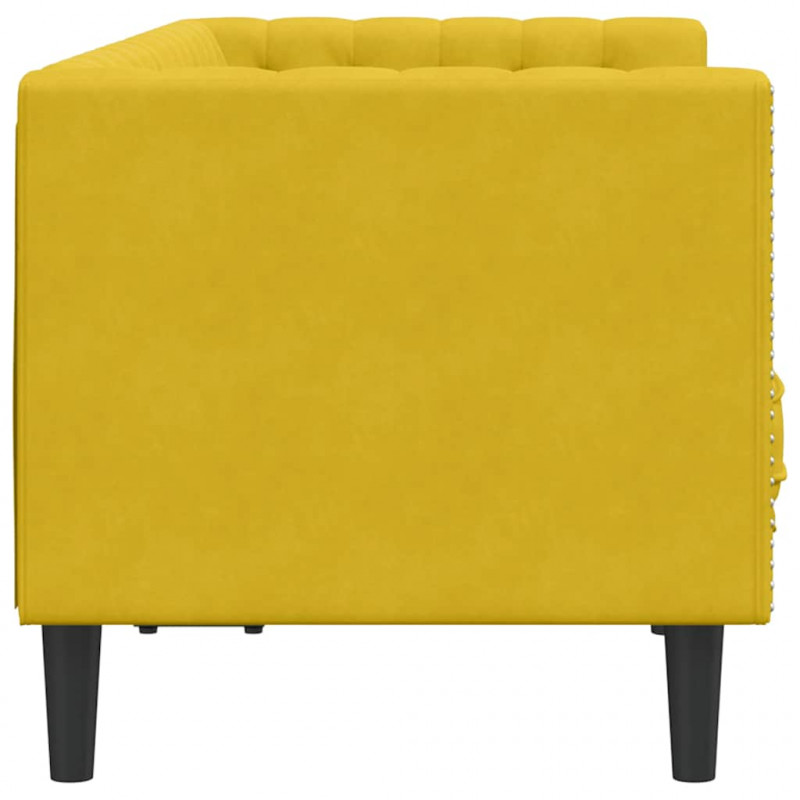 Sofa Chesterfield z wałkami, dwuosobowa, żółta, aksamit