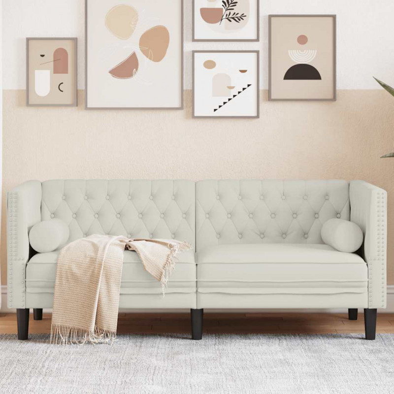 Sofa Chesterfield z wałkami, dwuosobowa, kremowa, aksamit