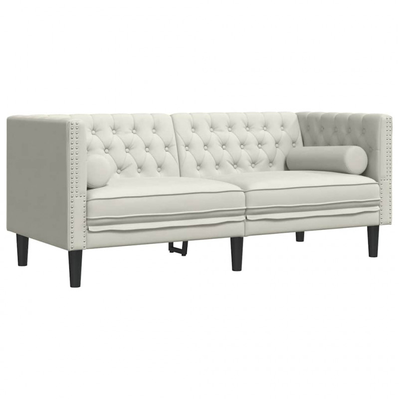 Sofa Chesterfield z wałkami, dwuosobowa, kremowa, aksamit