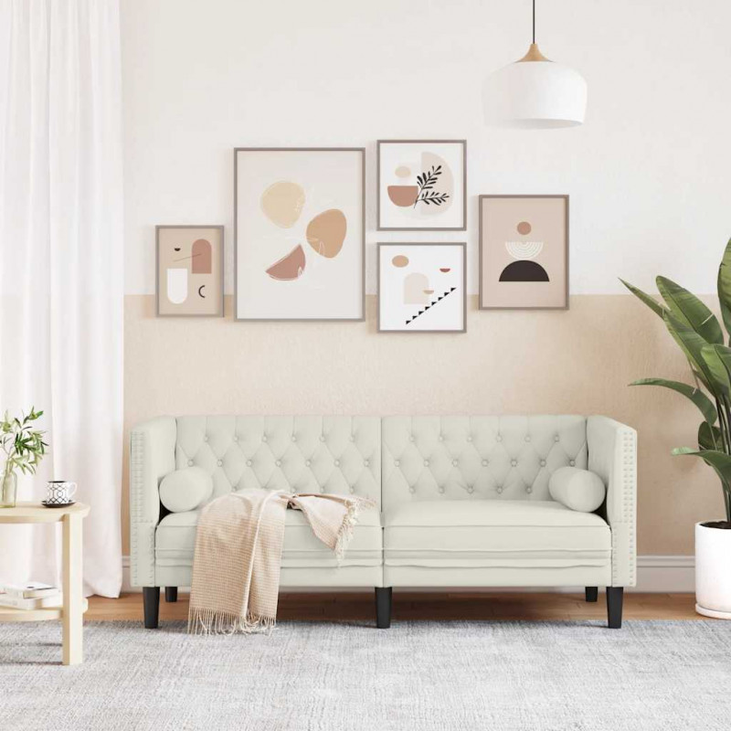 Sofa Chesterfield z wałkami, dwuosobowa, kremowa, aksamit