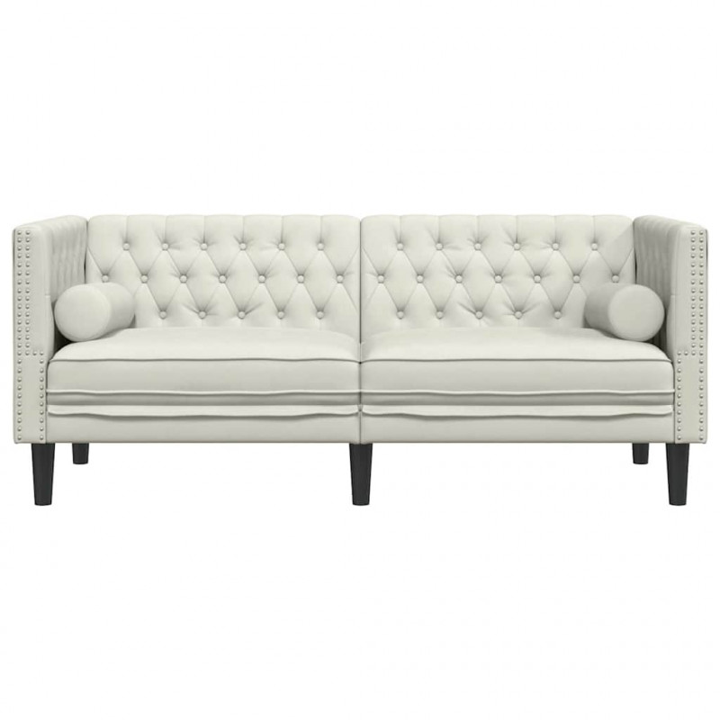 Sofa Chesterfield z wałkami, dwuosobowa, kremowa, aksamit