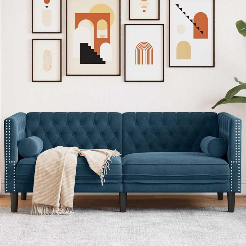 Sofa Chesterfield z wałkami, dwuosobowa, niebieska, aksamit