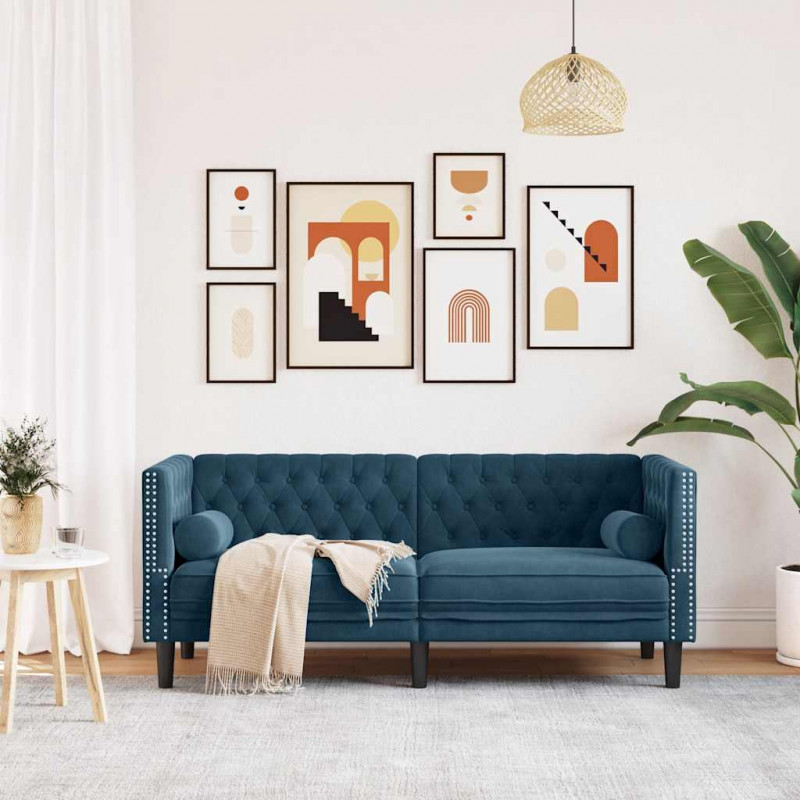 Sofa Chesterfield z wałkami, dwuosobowa, niebieska, aksamit