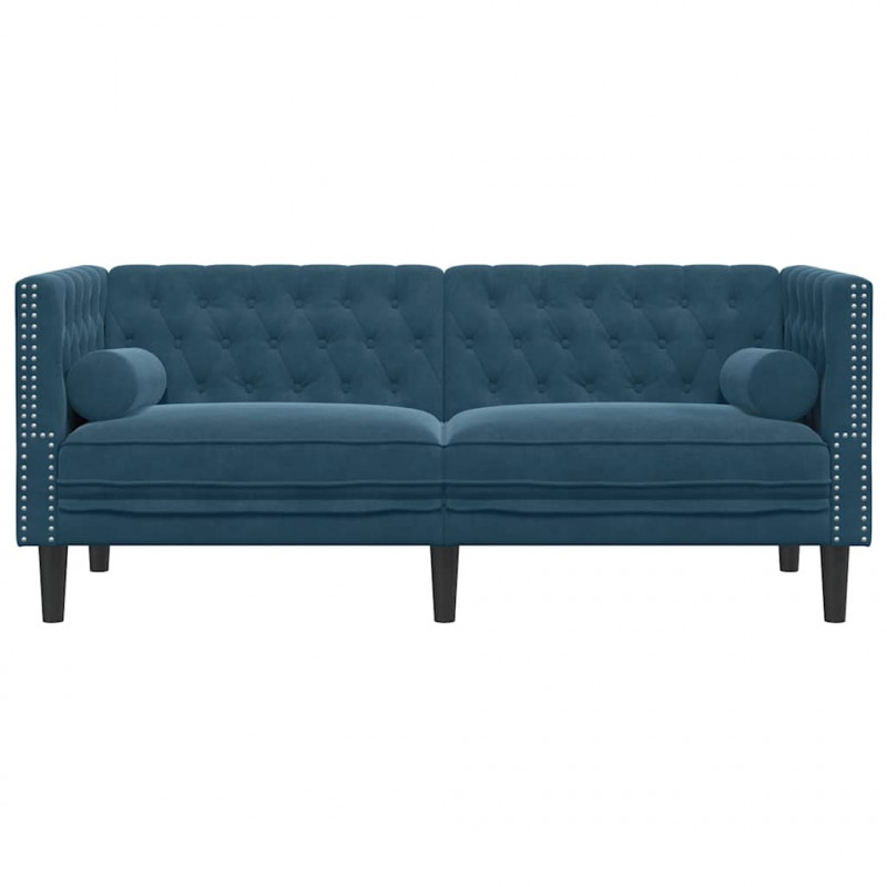 Sofa Chesterfield z wałkami, dwuosobowa, niebieska, aksamit