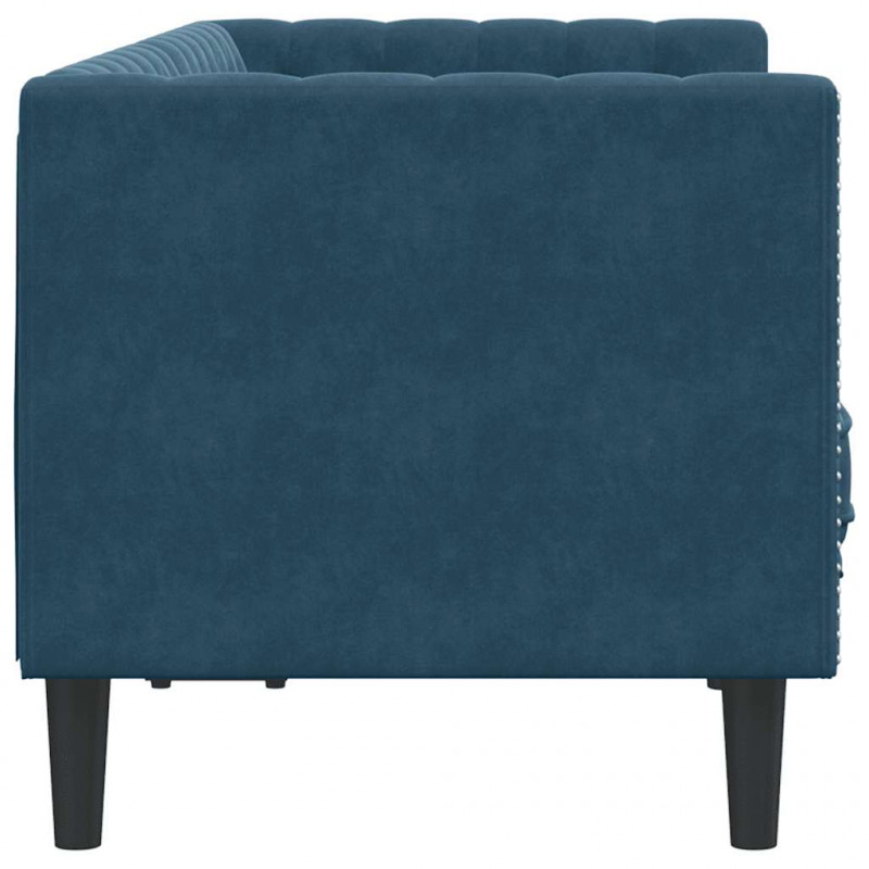 Sofa Chesterfield z wałkami, dwuosobowa, niebieska, aksamit