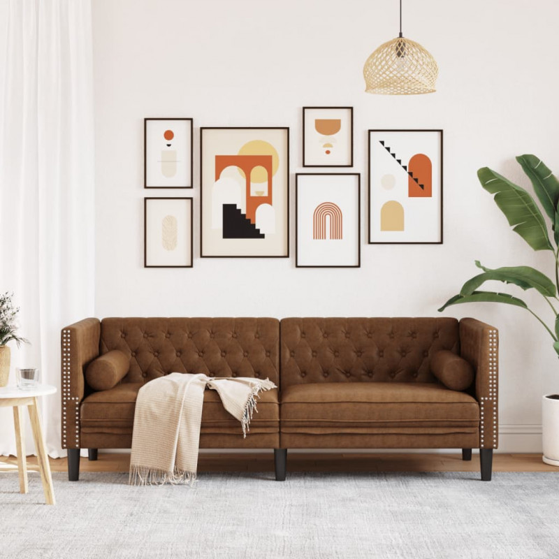Sofa Chesterfield z wałkami, 3-os., brązowa, sztuczny zamsz