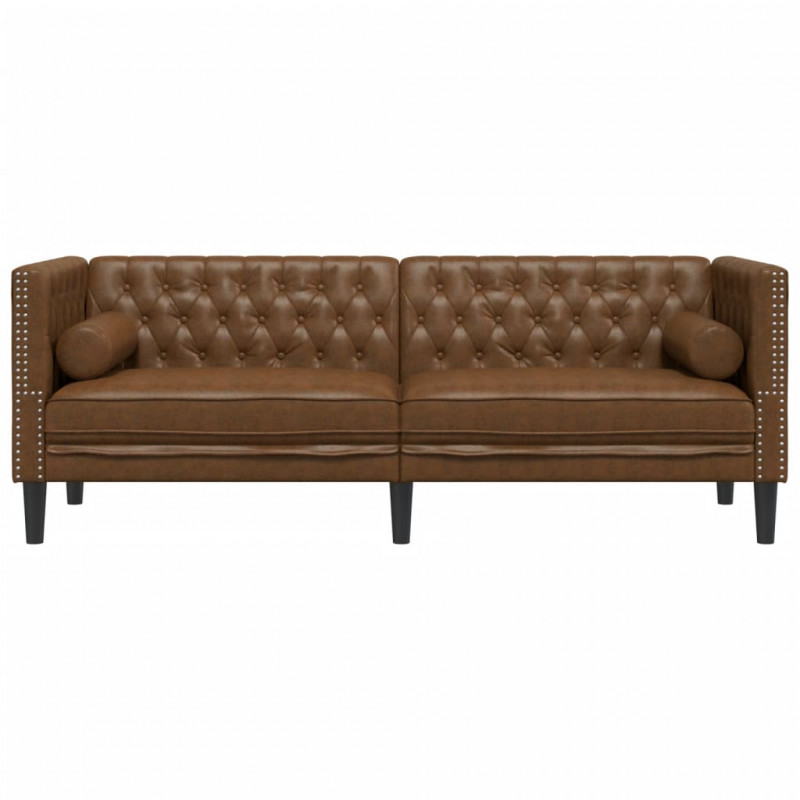 Sofa Chesterfield z wałkami, 3-os., brązowa, sztuczny zamsz