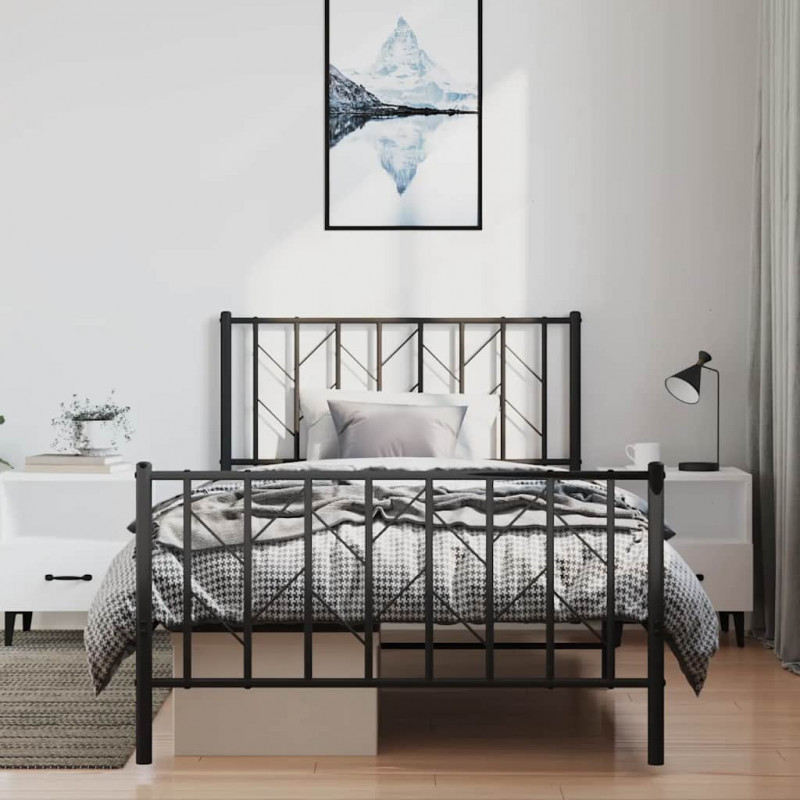 Metalowa rama łóżka z wezgłowiem i zanóżkiem, czarna, 100x200cm