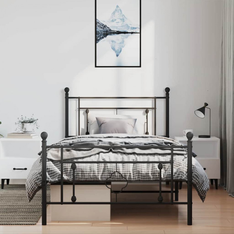 Metalowa rama łóżka z wezgłowiem i zanóżkiem, czarna, 100x200cm