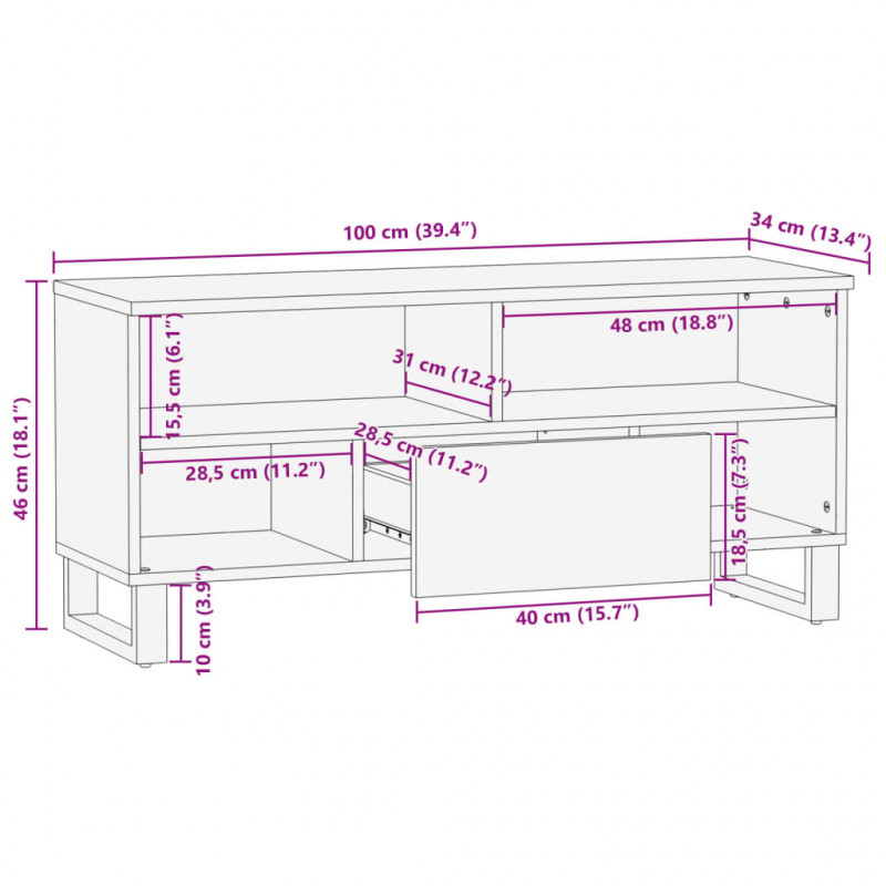 Szafka pod TV, 100x34x46 cm, lite surowe drewno mango