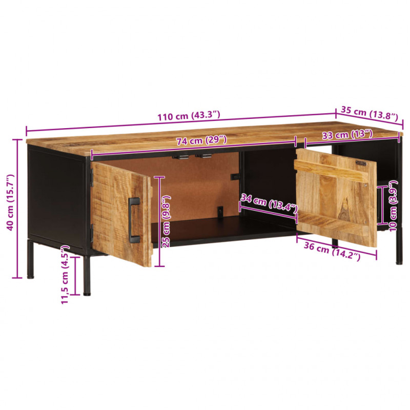 Szafka pod TV, 110x35x40 cm, surowe lite drewno mango