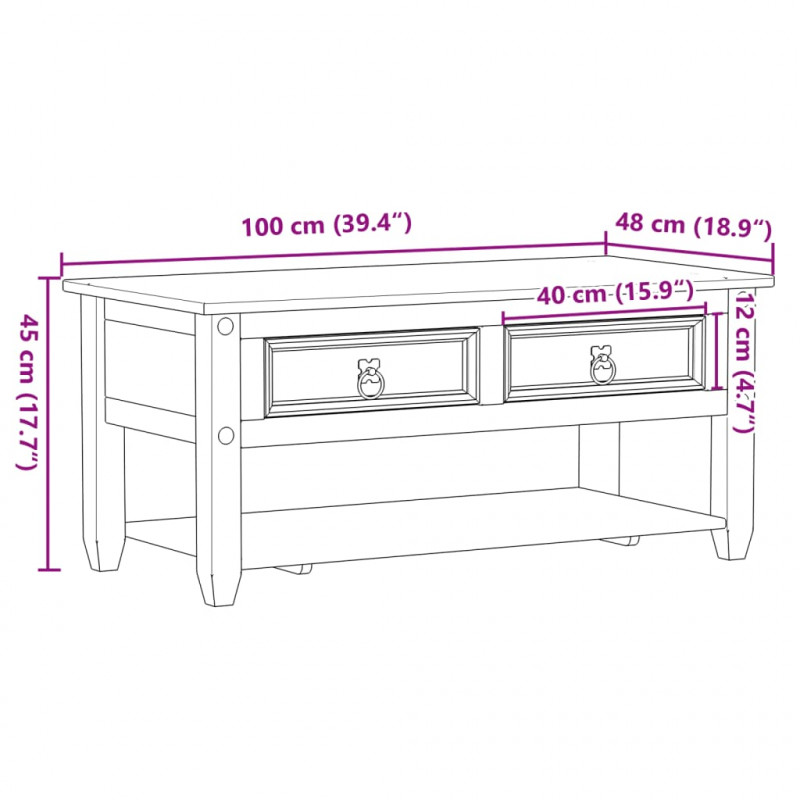 Stolik kawowy z szufladami Corona, 100x48x45 cm, drewno sosnowe