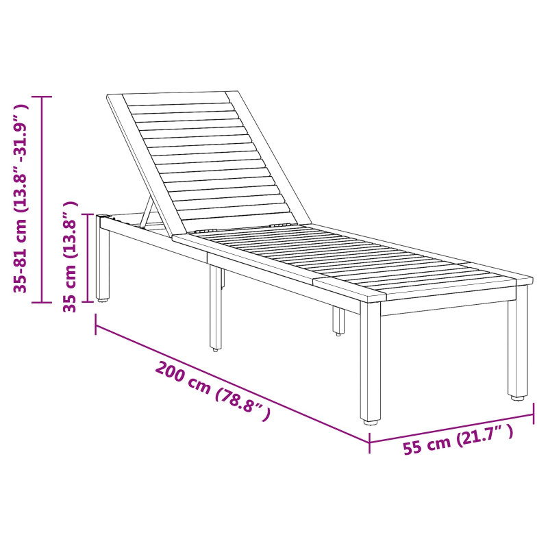 Leżak Czarny 200 x 55 x 35 cm Lite Drewno Akacji