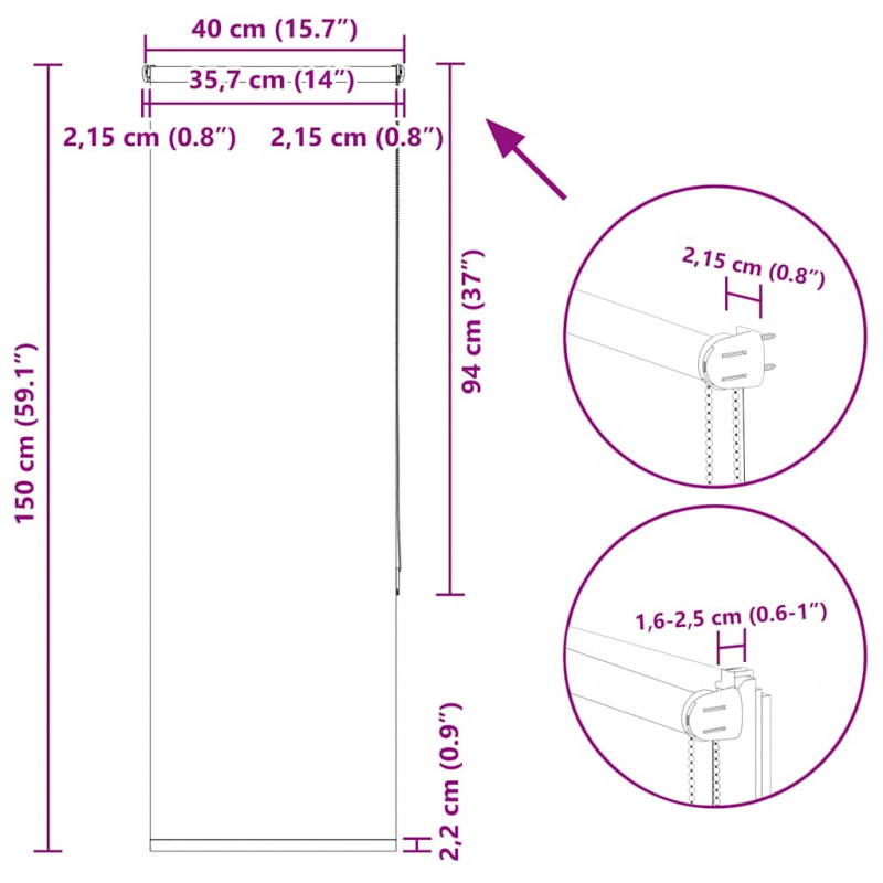 Roleta zaciemniająca szara 40x150 cm Szerokość tkaniny 35,7 cm