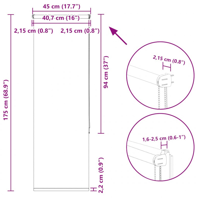 Roleta zaciemniająca szara 45x175 cm Szerokość tkaniny 40,7 cm
