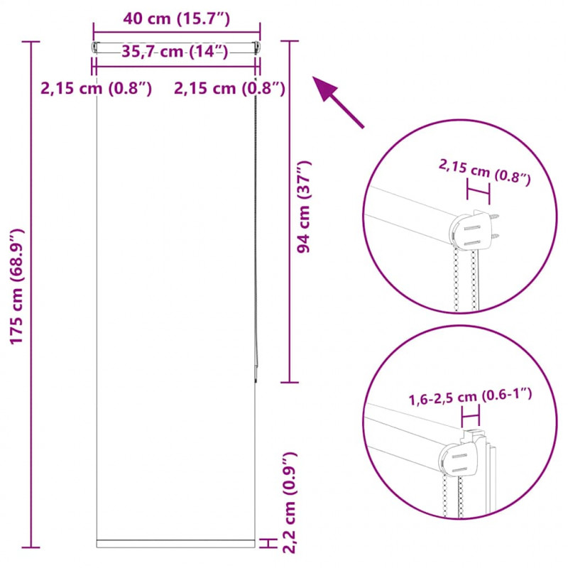 Roleta zaciemniająca 40x175 cm Szerokość tkaniny 35,7 cm