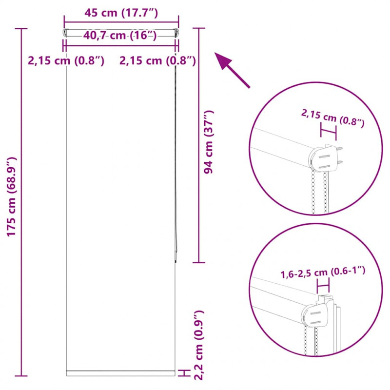Roleta zaciemniająca 45x175 cm Szerokość tkaniny 40,7 cm