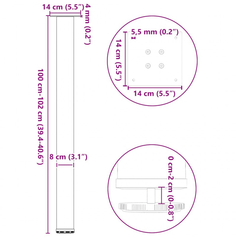 Nogi do stołu barowego 4 szt. Naturalna stal 100-102 cm Stal