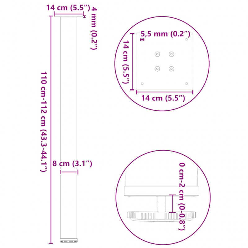Nogi do stołu barowego 4 szt. Naturalna stal 110-112 cm Stal