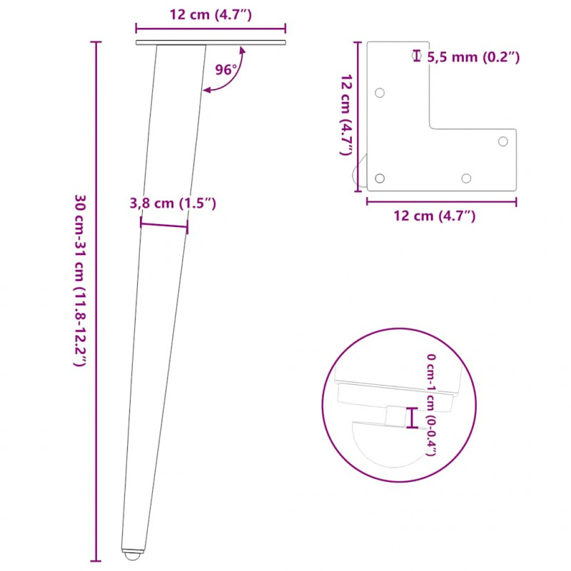 Nogi do stolika kawowego w kształcie stożka 4 szt. Naturalna stal 30-31 cm Stal
