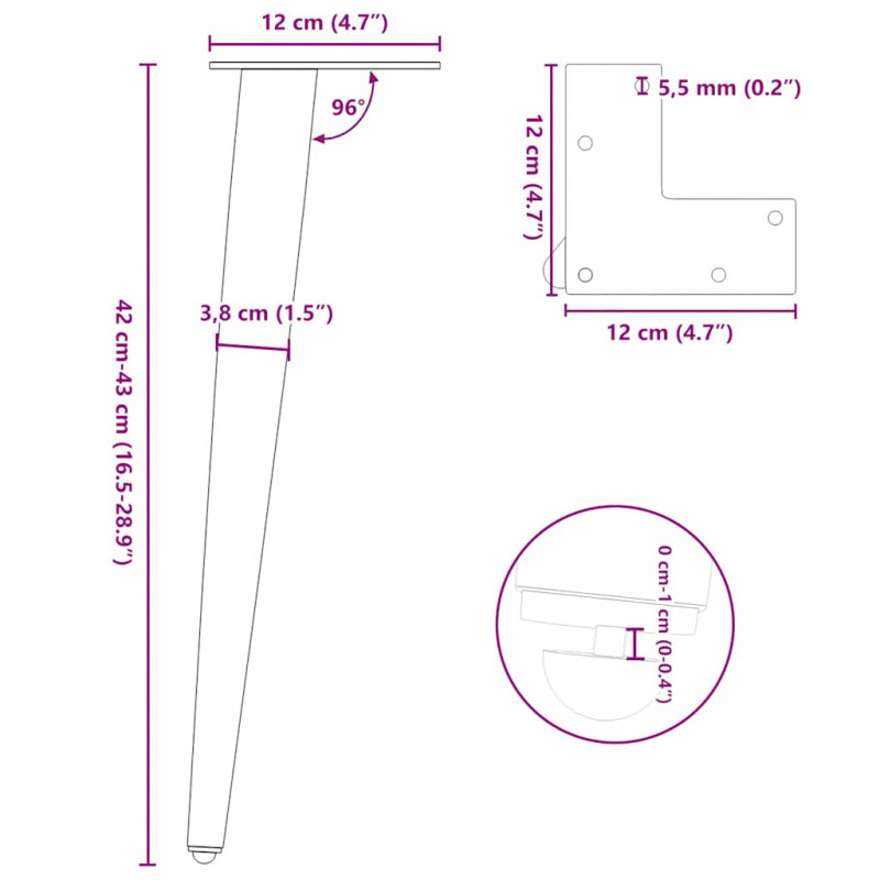 Nogi do stolika kawowego w kształcie stożka 4 szt. Czarne 42-43 cm Stalowe