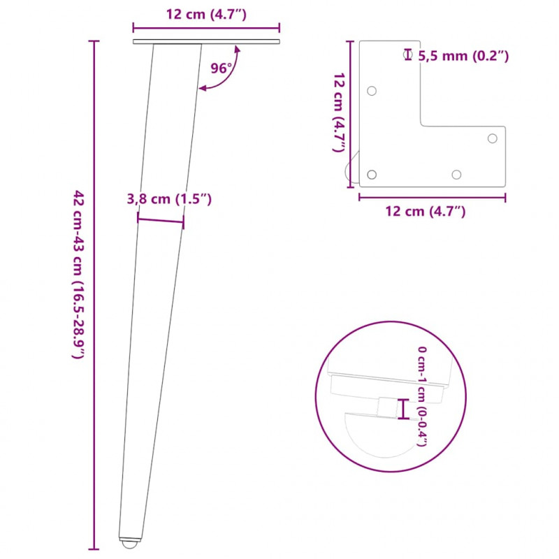Nogi do stolika kawowego w kształcie stożka 4 szt. Naturalna stal 42-43 cm Stal