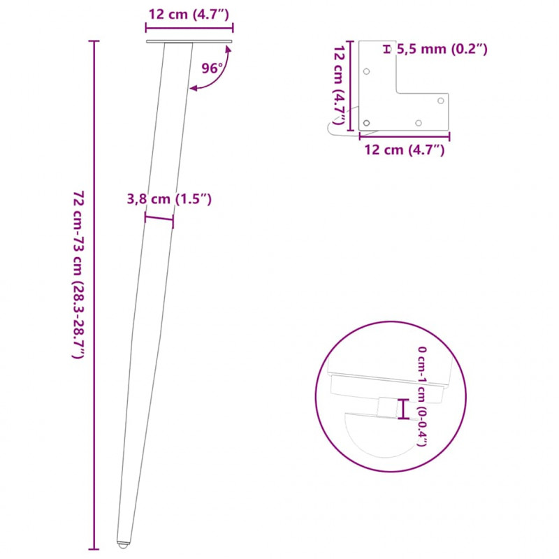 Nogi do stołu konsolowego w kształcie stożka 4 szt. Czarne 72-73 cm Stalowe