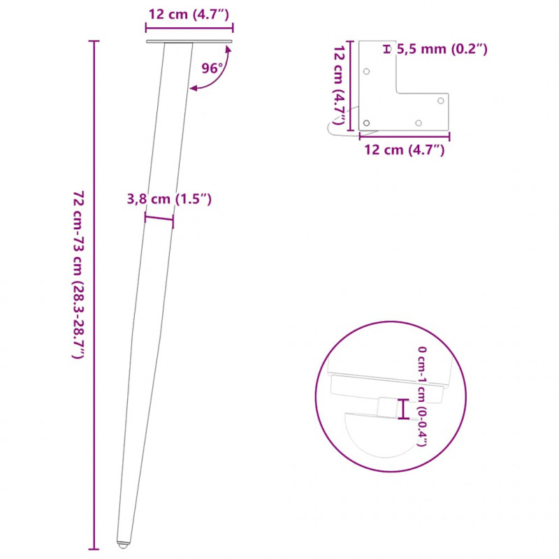 Nogi do stołu konsolowego w kształcie stożka 4 szt. Białe 72-73 cm Stalowe