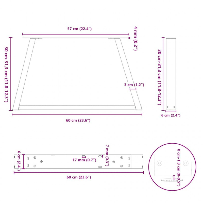 Nogi do stolika kawowego w kształcie litery V 2 szt. Naturalna stal 60x(30-31,3) cm Stal