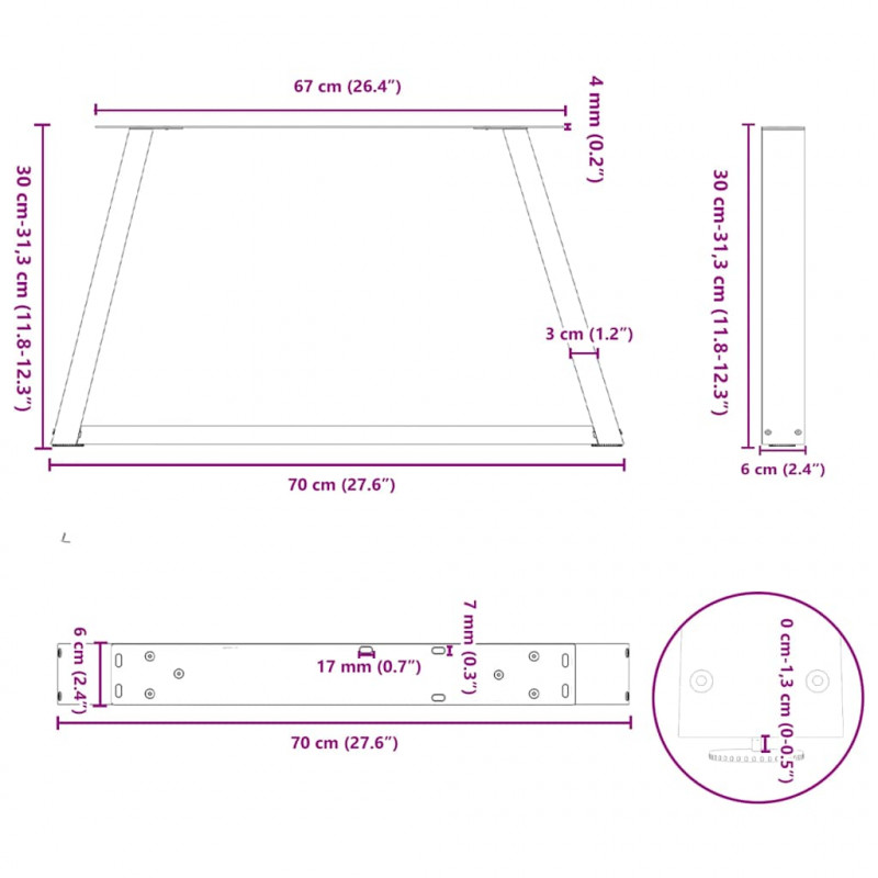 Nogi do stolika kawowego w kształcie litery V 2 szt. Czarne 70x(30-31,3) cm Stalowe