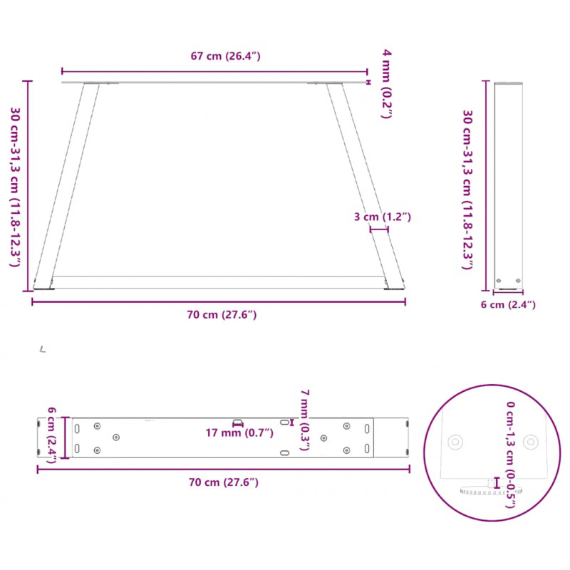 Nogi do stolika kawowego w kształcie litery V 2 szt. Białe 70x(30-31,3) cm Stal
