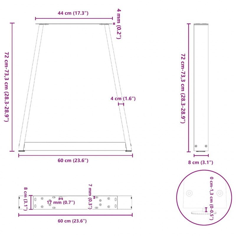 Nogi do stołu jadalnego w kształcie litery V 2 szt. Naturalna stal 60x(72-73,3) cm Stal