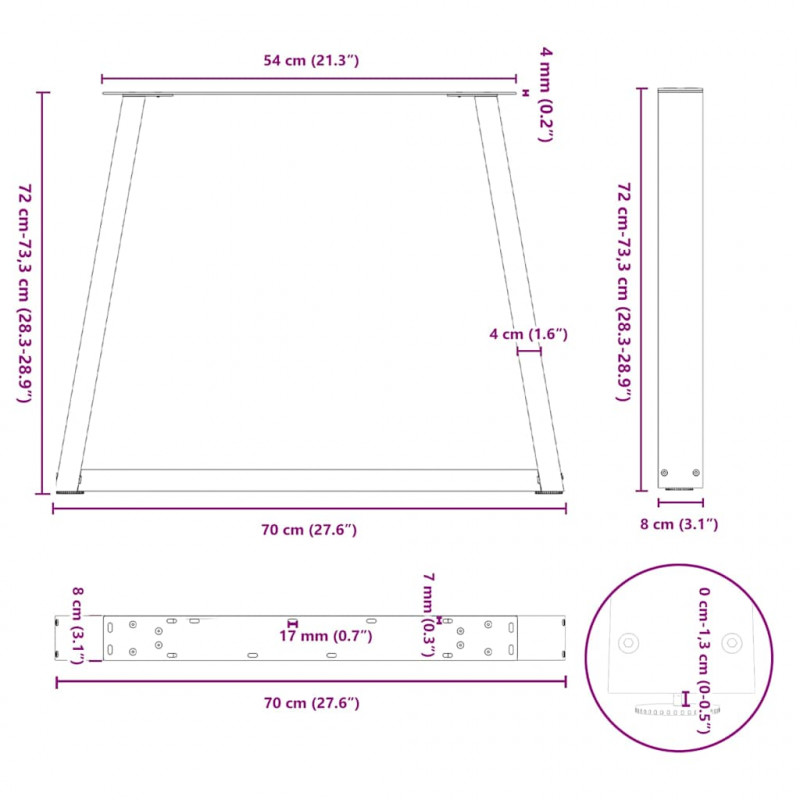Nogi do stołu jadalnego w kształcie litery V 3 szt. Czarne 70x(72-73,3) cm Stalowe