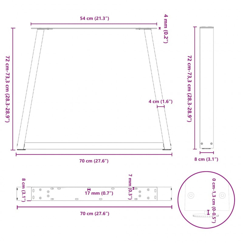 Nogi do stołu jadalnego w kształcie litery V 3 szt. Białe 70x(72-73,3) cm Stal