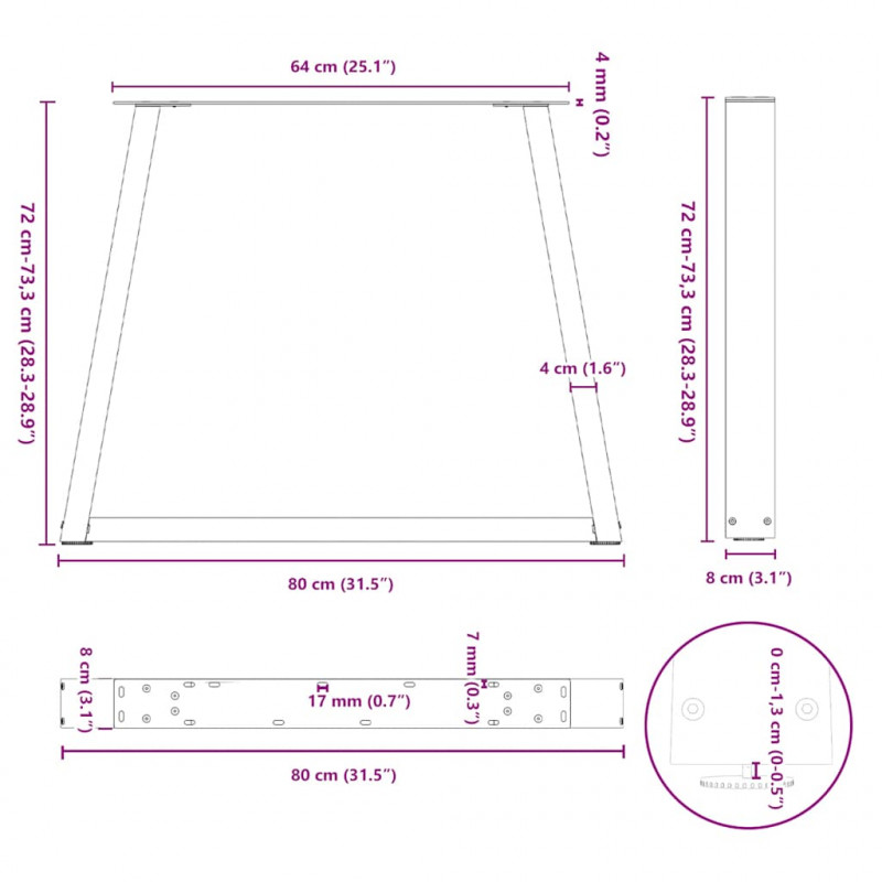 Nogi do stołu jadalnego w kształcie litery V 3 szt. Naturalna stal 80x(72-73,3) cm Stal