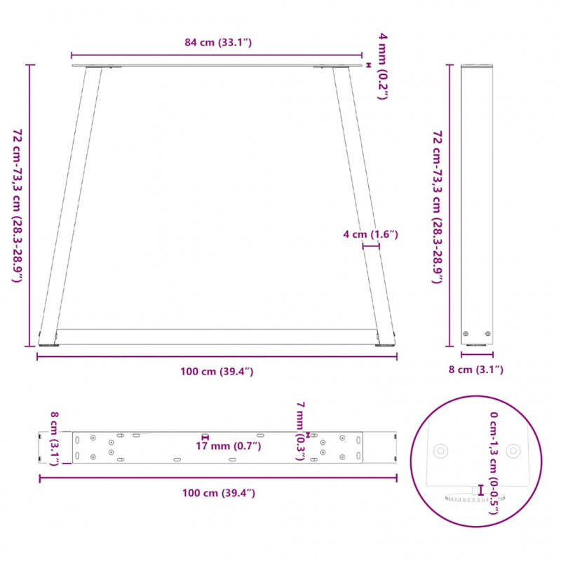 Nogi do stołu jadalnego w kształcie litery V 3 szt. Czarne 100x(72-73,3) cm Stal