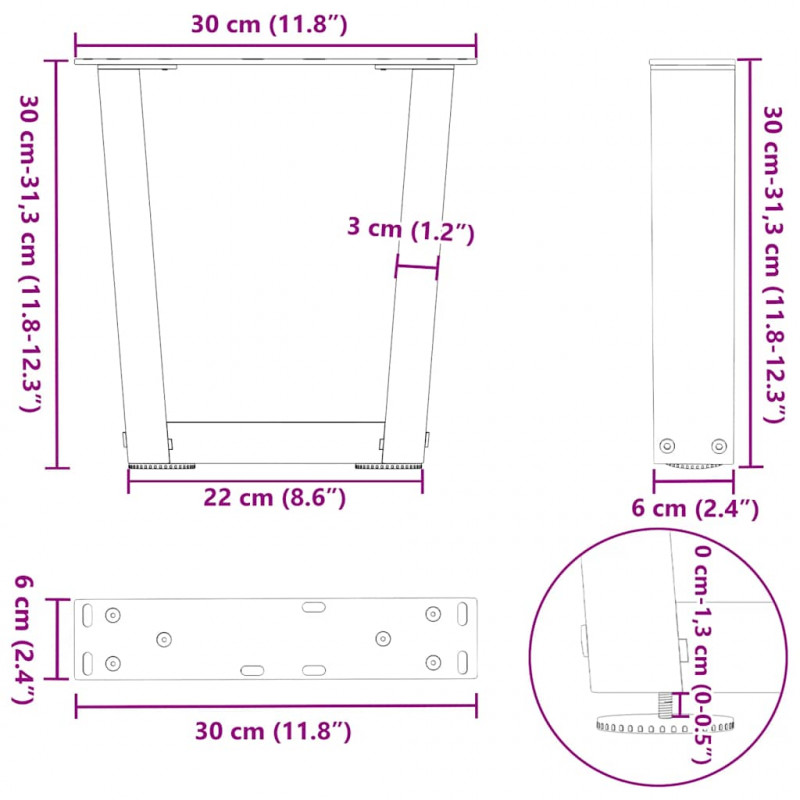 Nogi do stolika kawowego w kształcie litery V 2 szt. Czarne 30x(30-31,3) cm Stal