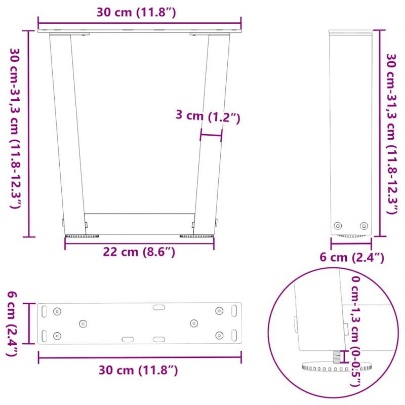 Nogi do stolika kawowego w kształcie litery V 2 szt. Antracyt 30x(30-31,3) cm Stal