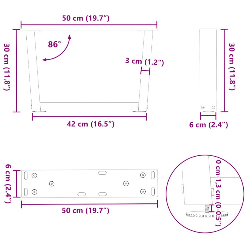 Nogi do stolika kawowego w kształcie litery V 2 szt. Naturalna stal 50x(30-31,3) cm Stal