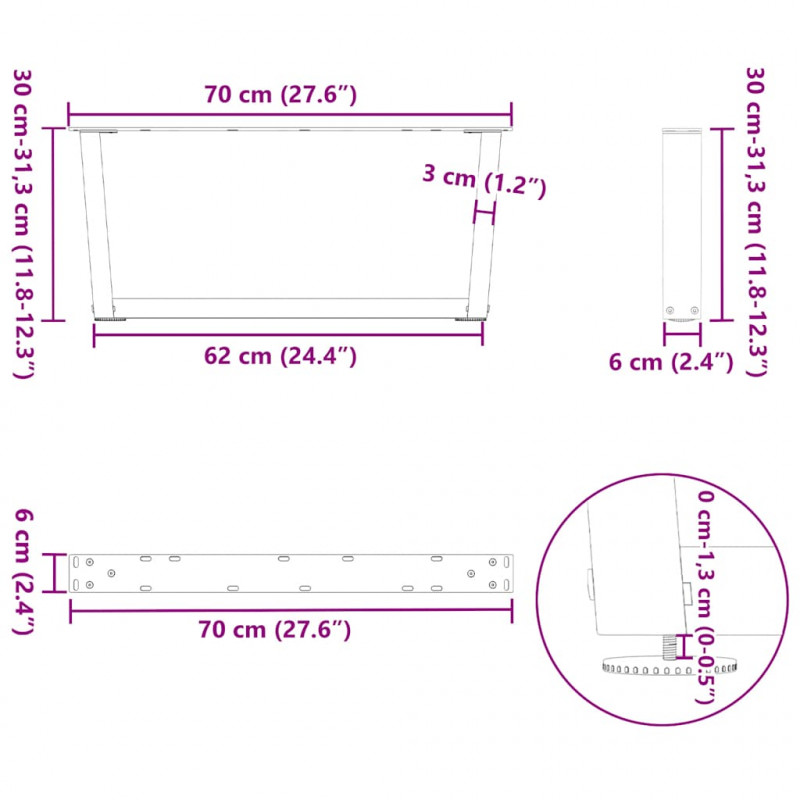 Nogi do stolika kawowego w kształcie litery V 2 szt. Czarne 70x(30-31,3) cm Stalowe