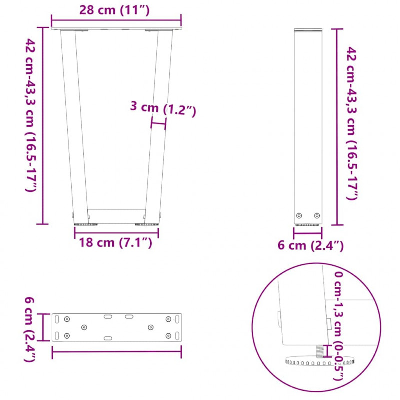 Nogi do stolika kawowego w kształcie litery V 2 szt. Czarne 28x(42-43,3) cm Stal