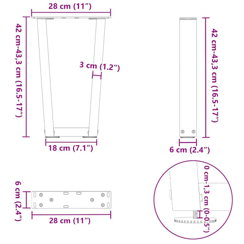 Nogi do stolika kawowego w kształcie litery V 2 szt. Naturalna stal 28x(42-43,3) cm Stal