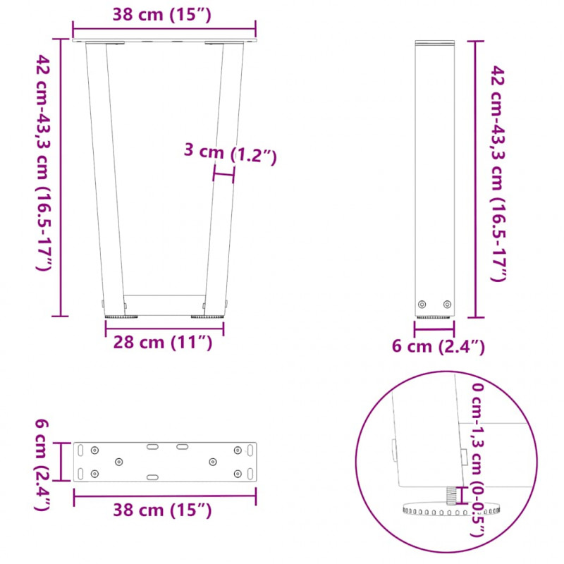 Nogi do stolika kawowego w kształcie litery V 2 szt. Czarne 38x(42-43,3) cm Stalowe