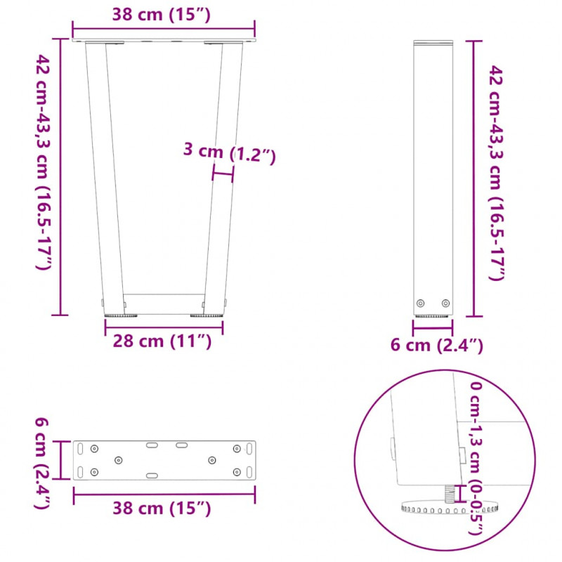 Nogi do stolika kawowego w kształcie litery V 2 szt. Naturalna stal 38x(42-43,3) cm Stal