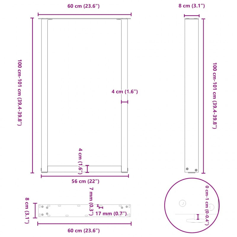Nogi do stołu barowego w kształcie litery U 2 szt. Naturalna stal 60x(100-101) cm Stal