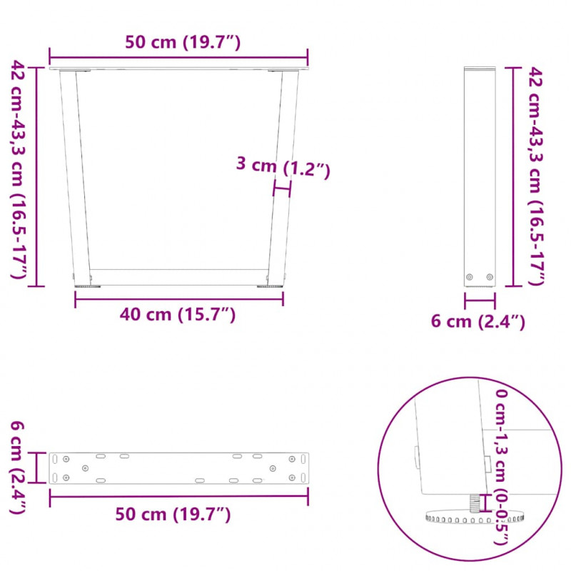 Nogi do stolika kawowego w kształcie litery V 2 szt. Czarne 50x(42-43,3) cm Stal
