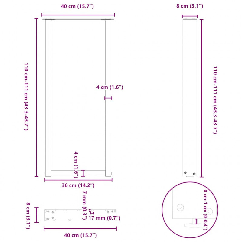 Nogi do stołu barowego w kształcie litery U 2 szt. Białe 40x(110-111) cm Stal