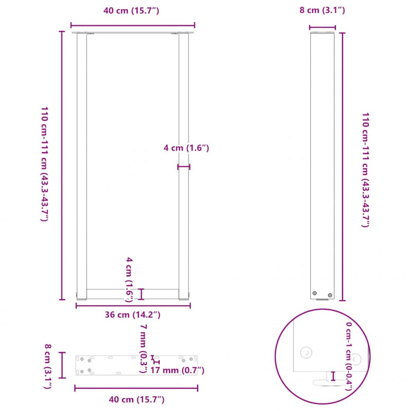 Nogi do stołu barowego w kształcie litery U 2 szt. Naturalna stal 40x(110-111) cm Stal