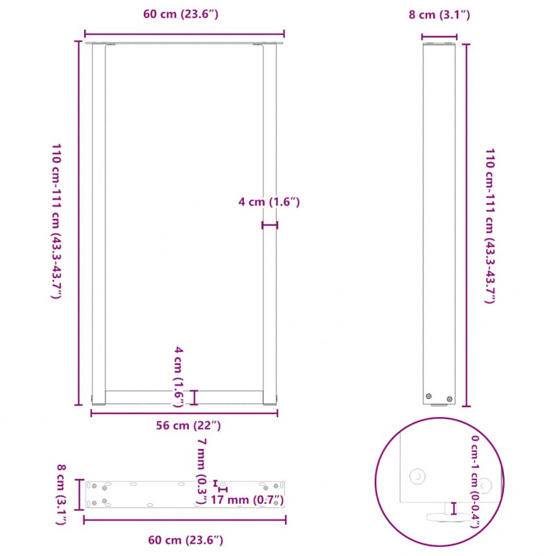 Nogi do stołu barowego w kształcie litery U 2 szt. Czarne 60x(110-111) cm Stal