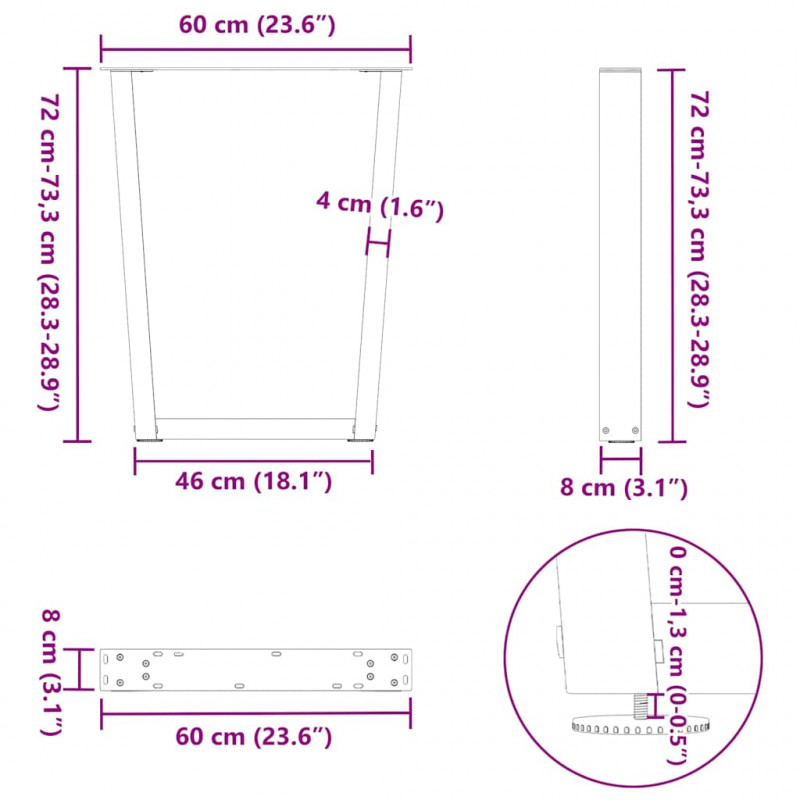Nogi do stołu jadalnego w kształcie litery V 2 szt. Czarne 60x(72-73,3) cm Stal